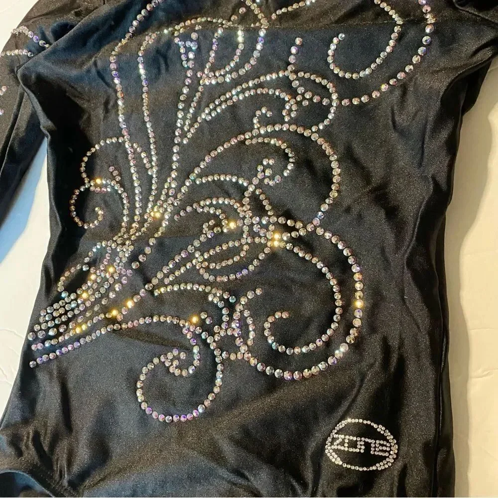 Ozone gymnastics black competition long sleeve custom leotard rhinestone SA